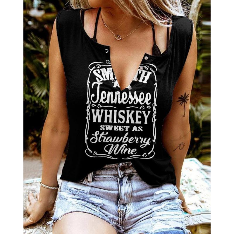 Zabawne T-shirty damskie bez rękawów z nadrukiem literowym i kolorowym dekoltem w serek