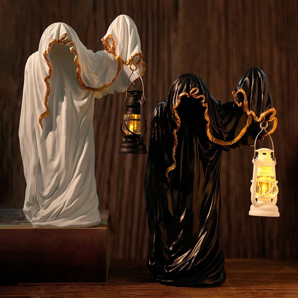 Ghost Ornament Desktop Ornament Vintage Ghost Figurine with Light-up Lantern for Halloween Decor Mysterious Resin for Indoor