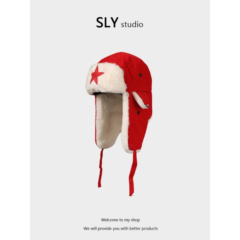 Chinese Style Big Red Lei Feng Hat Winter Men and Women Thickened Warm Plush Cold Proof Ear Protection Hat Northeast Ski Hat
