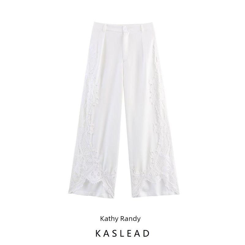 Kaslead New Women Clothes Western Style Fashion Simple Design Lace Beads Trousers