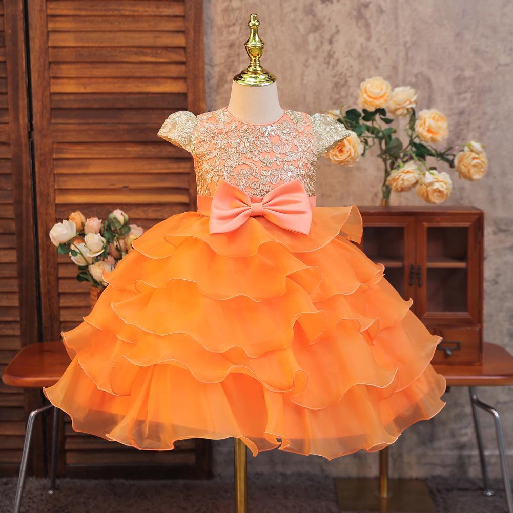 Girls' Puffy Organza Dress with Bow and Embroidery