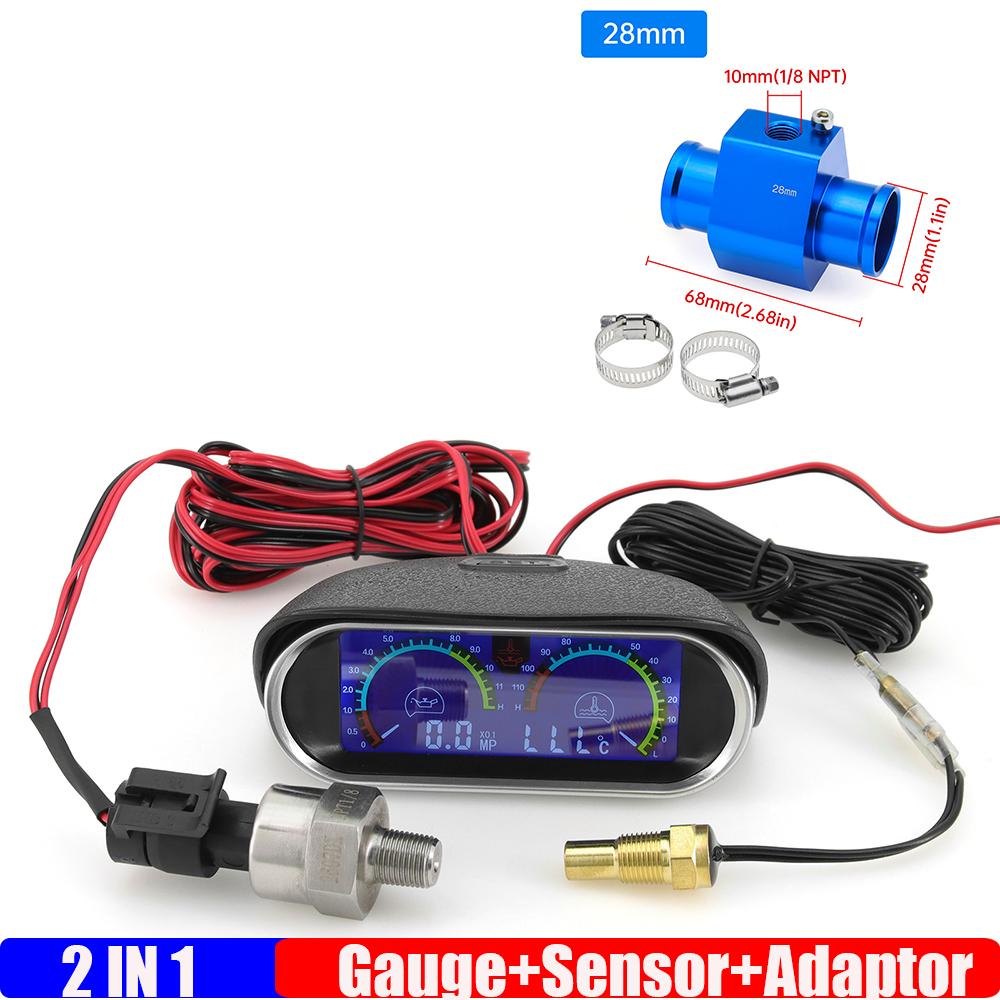 ZMFJH 2IN1 Digital Water Temperature+Oil Pressure Meter with Sensor 10mm Temp Joint Pipe Sensor Hose Adapter for Car Truck 9-32V