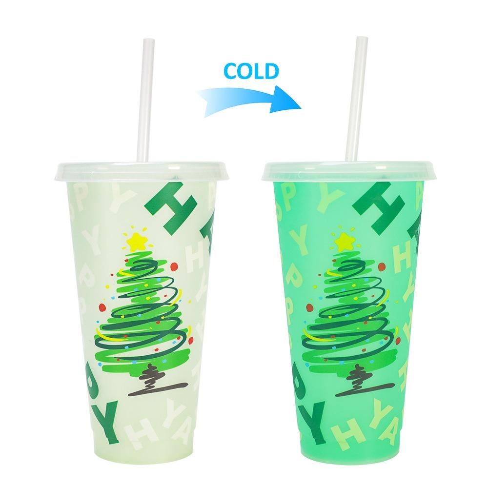 

24oz Capacity Color Changing Cup With Straws With Lids Iced Coffee Cup Reusable Plastic Material Cold Drink Cup Christmas Party