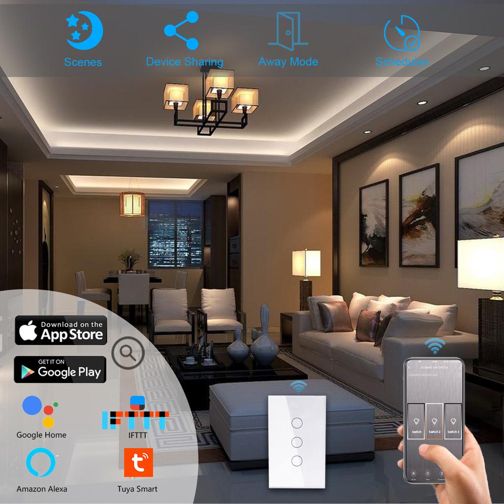 Bingoelec Tuya Smart Life APP Remote Control US Standard 3 Gang WIFI Touch Lights Smart Switch