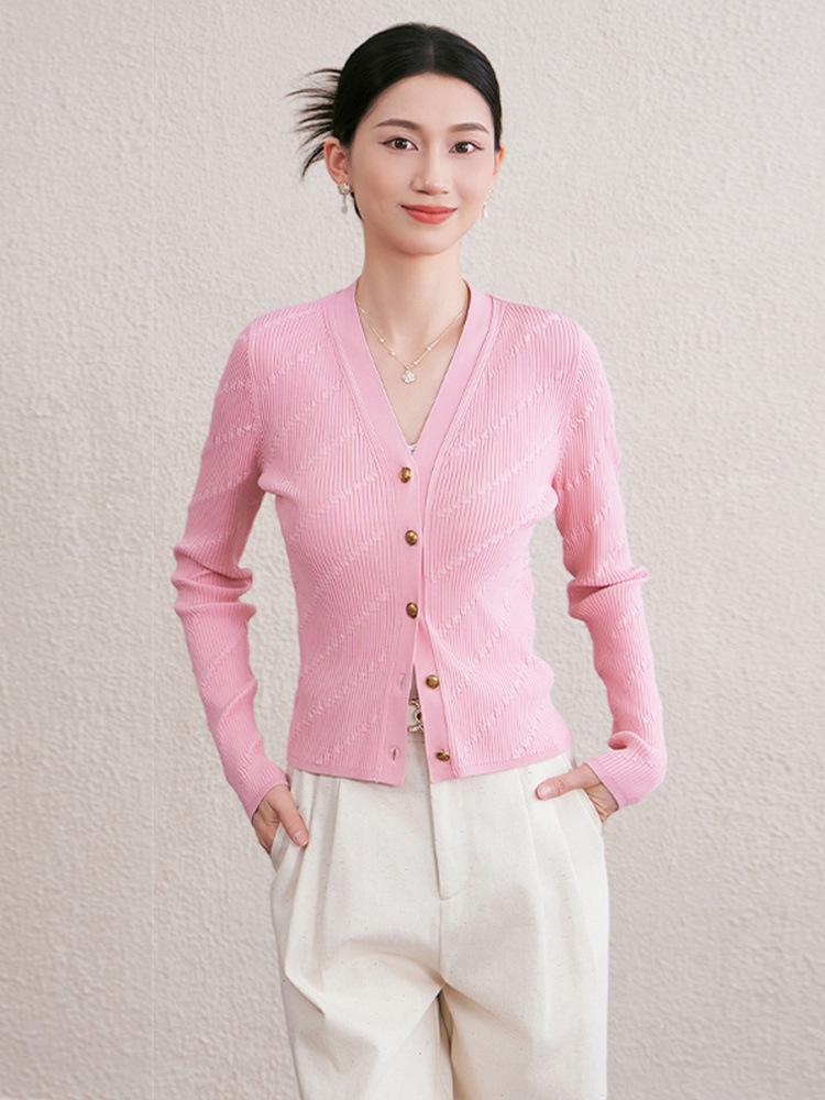 2025 Autumn/Winter V-neck Long Sleeve Single-Breasted Diagonal Stripe Knit Cardigan Outerwear