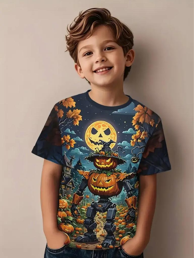Halloween Boy's T-Shirt Pumpkin Pattern Summer Short Sleeves Skull Fashion Print Kids Tops 2-10y Party Gift Children's Clothing