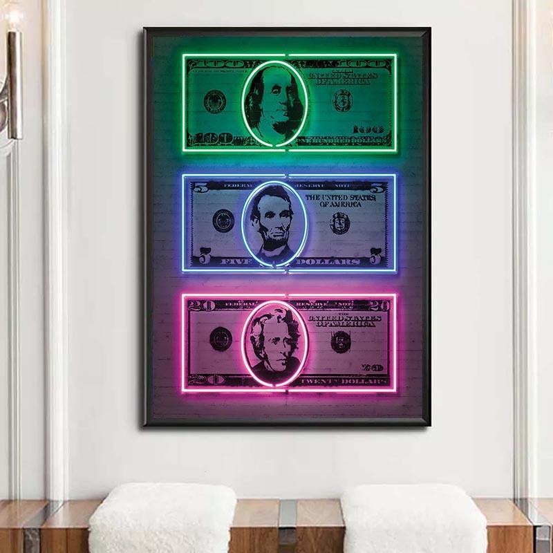 Neon Money Canvas Art Paintings Money Art Dollar Sign Print Poster Pop Street Decorative Pictures Home Office Murals Unframed