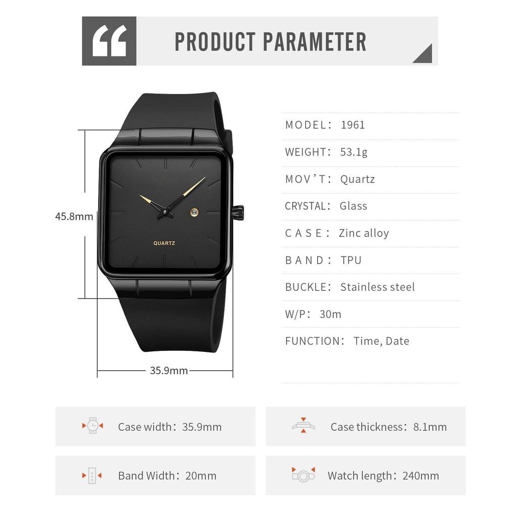 Men's Watch Business Analog Square Dial Gentleman Watch Simple Design 30M Waterproof Date Display Fashion and Practicality High-Precision Quartz For
