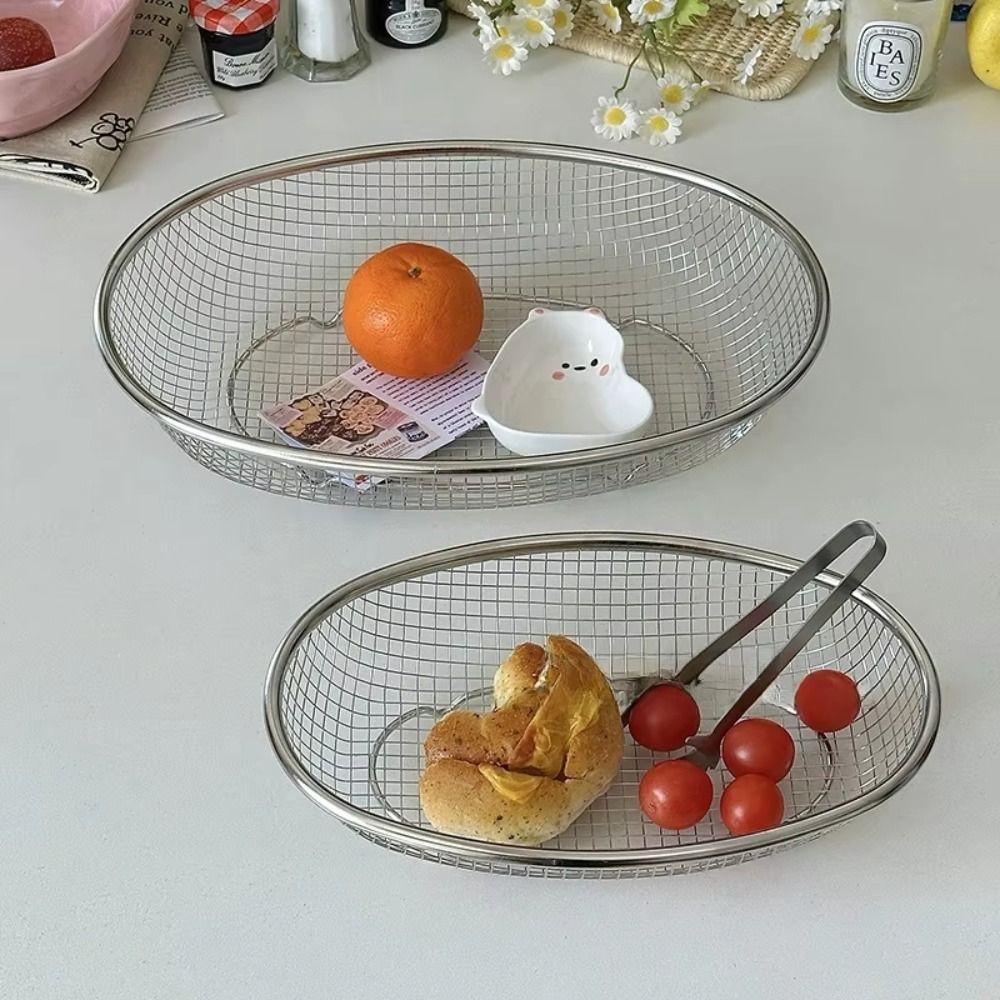 Stainless Steel Fruit Basket Oval Mesh Screen Portable Vegetable Draining Basket
