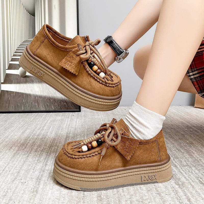 Leather platform women's all-inclusive lace-up kangaroo shoes heightening women's shoes new loafers small leather shoes single shoes