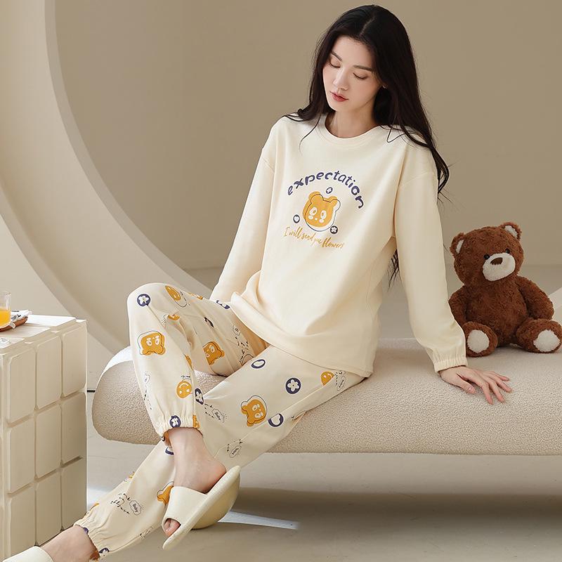 Ensemble de Pyjama pour Femme 100% Coton – Respirant, Absorbant la Sueur, Manches Longues Col Rond pour Porter à l'Intérieur et à l'Extérieur (Automne hiver)