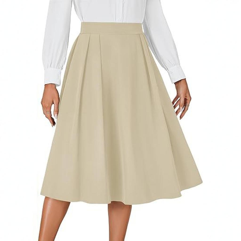 Damska Spódnica Midi Retro z Wysokim Stanem, Plisowana z Tyłu na Sznurki, Rozkloszowana o Kroju A