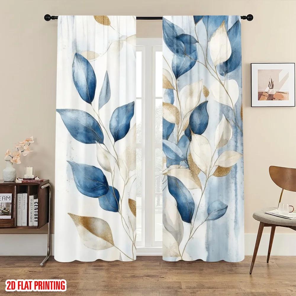 2pcs Watercolor Blue Leaf Printed Curtains, Designed for Light Filtering, Quality Material, Ideal for Daily Home Window Decorati