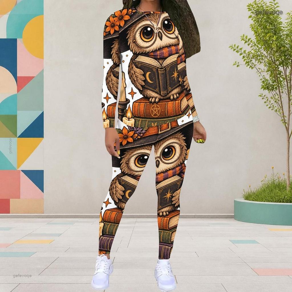Women Plus Size Round Neck Long Sleeve Skeleton Printed Top Fitted Pants Two Piece Set