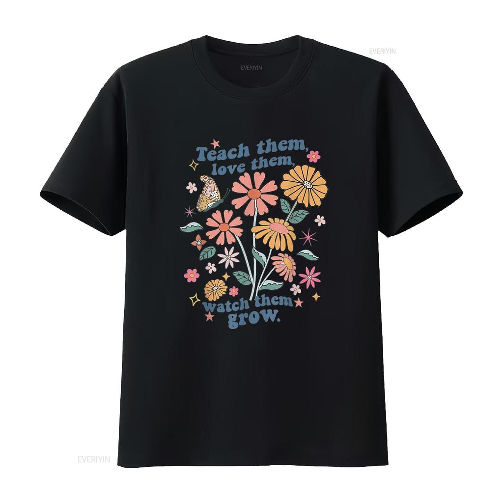 Teach Them Love Watch Grow Retro Teacher Floral T Shirt White vintage Washed graphic homme Unisex designer clothes Comfortable
