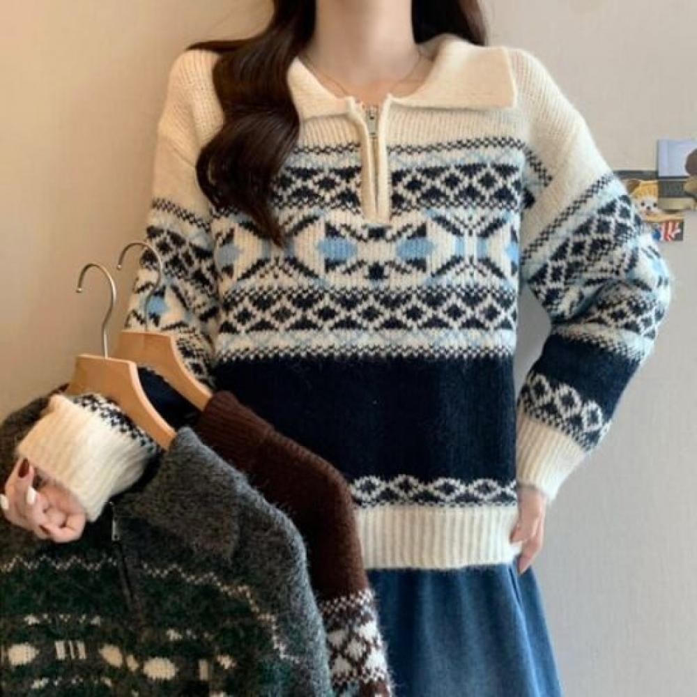Navava Nordic Pattern Half Zip Collar Long Sleeve Knit Sweater Nk3524