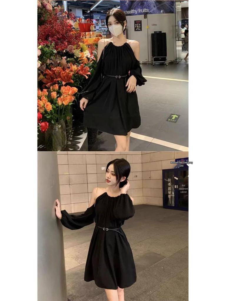 Chic French Shoulder-Baring Long-Sleeve A-Line Dress – Autumn Slim-Fit Halter Style for Women