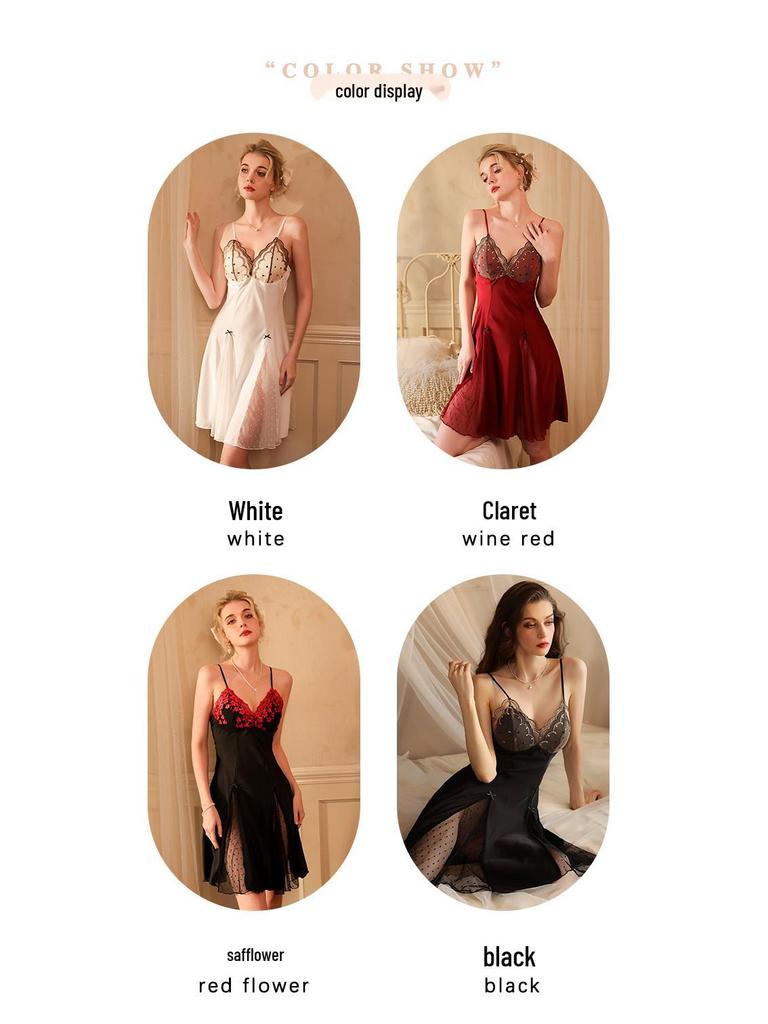 Satin Lace Polka Dot Mesh Nightgown with Chest Pads - Sexy, Skin-Friendly, Multi-Color Camisole Loungewear for Women