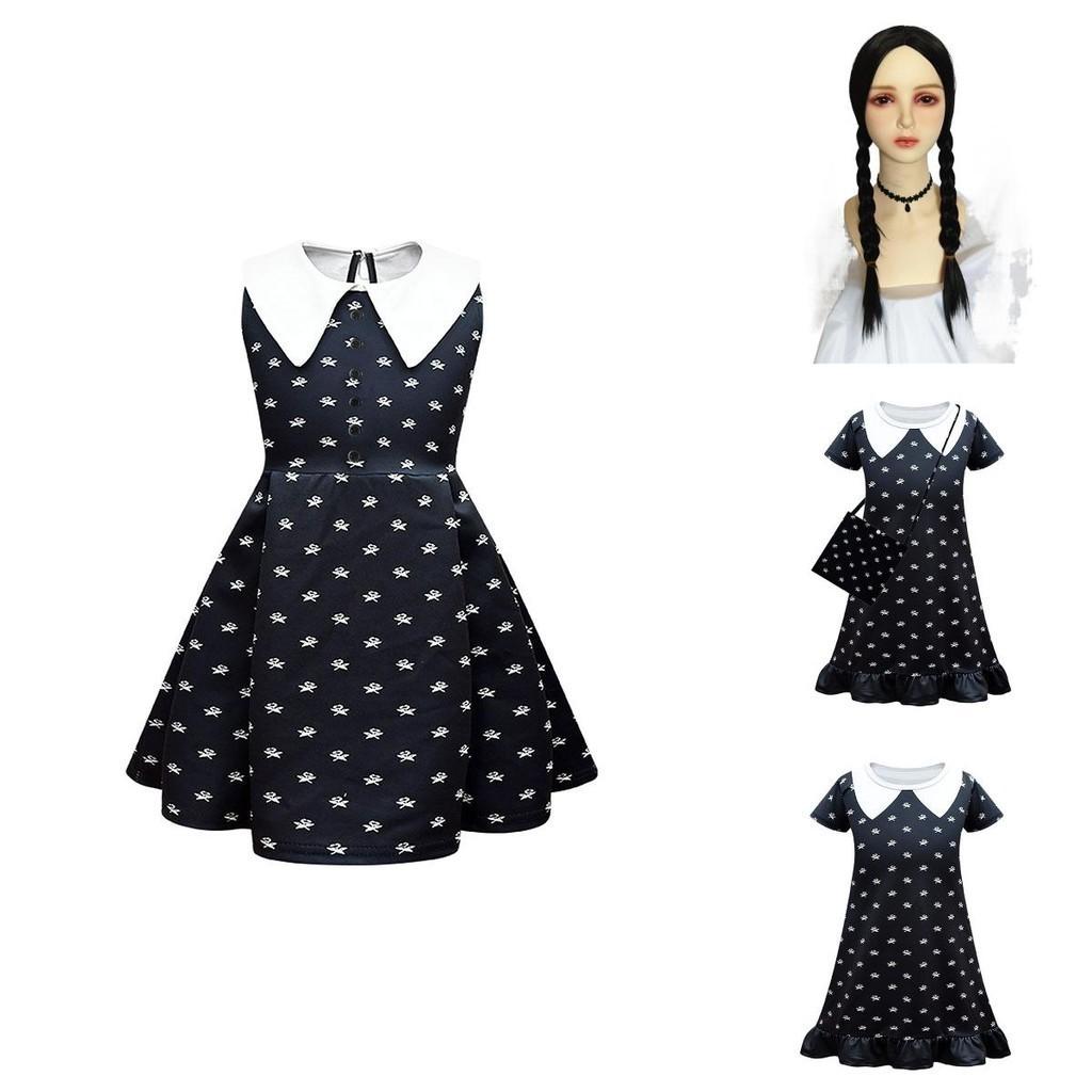 Wednesday Addams Dress Wig Cosplay Costume For Kid Girl Halloween Xmas Party