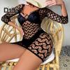 Women Summer Beach Cover up Hollow Out Long Sleeves Slim Fit Low cut V Neck Backless See through Bikini Beach Mini Dress Beach Mock