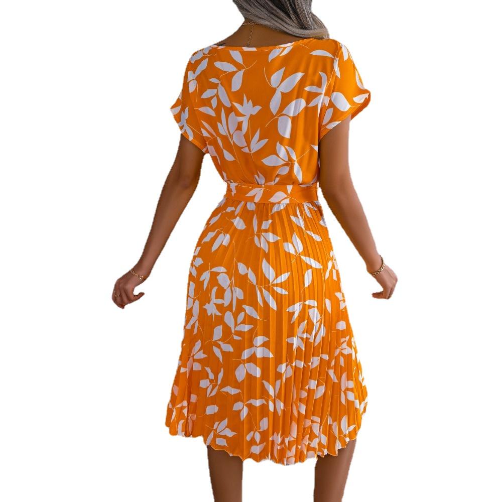 GMXIA Dámské letní jarní módní květinové kulaté výstřihy s vysokým rukávem a potiskem v pase, koktejlové a večerní šaty
