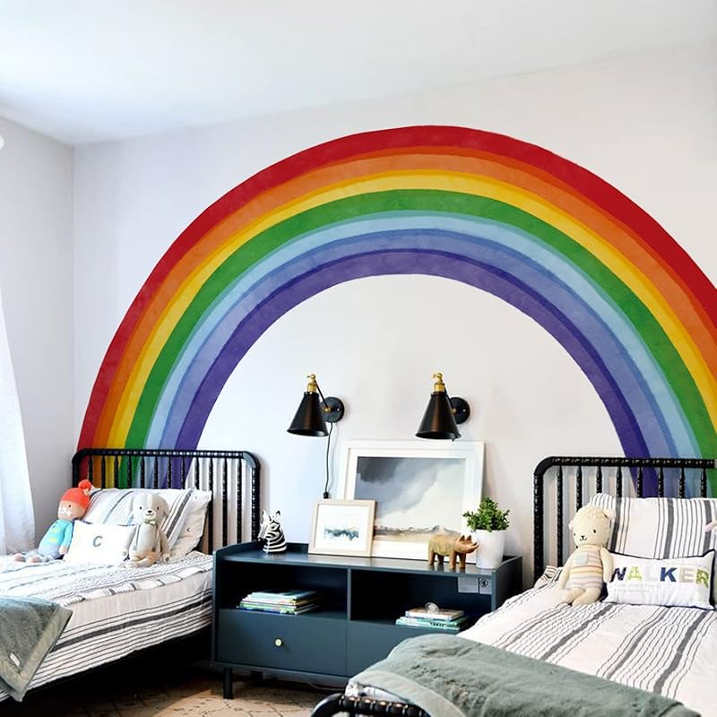 Fabric Large Rainbow Wall Decals Peel and Stick, Precut Original Hand Drawn Colorful Vigor Watercolor Full Rainbow Wall Sticker Decor for Kids