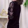 Elegant Black Velvet and Lace Long Sleeve T-Shirt with Sheer Lace Patchwork and Diamond Embellishments