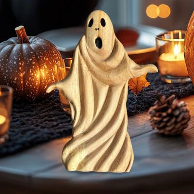 Escultura de Fantasma de Halloween Espeluznante Talla de Madera Estatua de Fantasma Figurilla Letrero de Mesa Decoración Adorno de Escritorio para Hogar Oficina