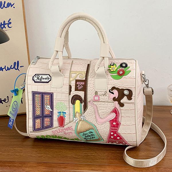 

Женские сумки большой емкости Вышивка Сумка на одно плечо Ретро Кожа Бостонская сумка Модное украшение Сумка через плечо