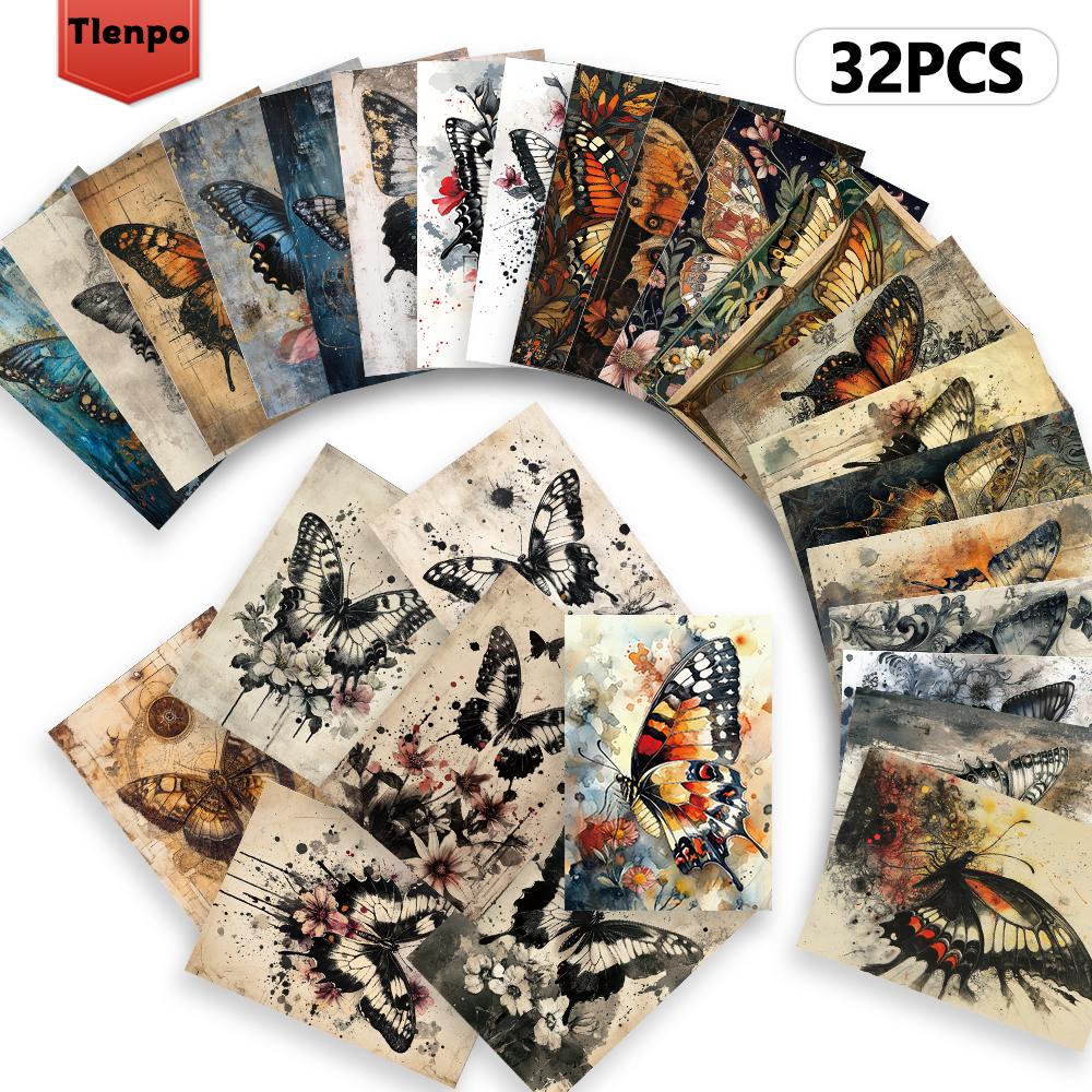 32pcs, Retro Butterfly Series Postcards, Butterfly Specimens, Dark Style, Wall Decorations, for Mailing and Collection