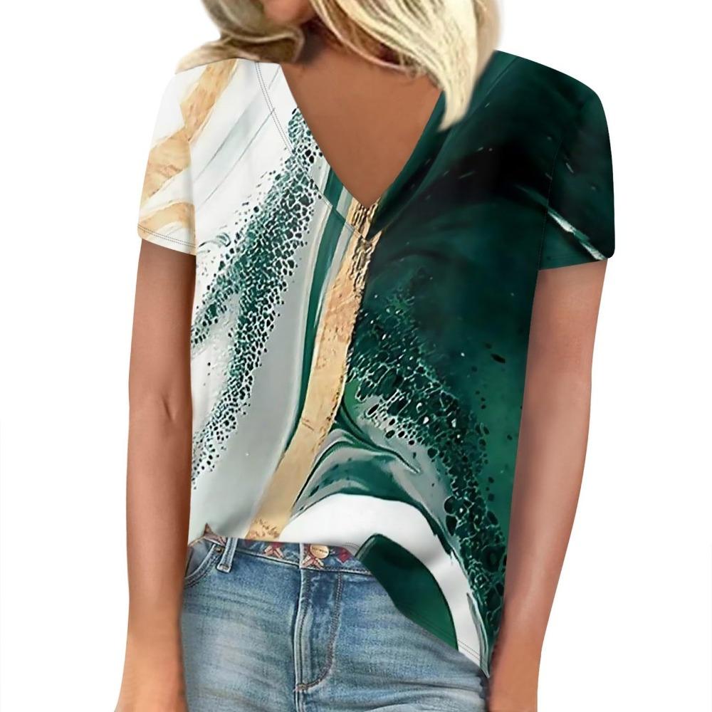 T-shirt Women's Summer Casual Elegant V-neck Short-sleeved Gradient Texture Pattern Blouse Loose Casual Women's Clothing