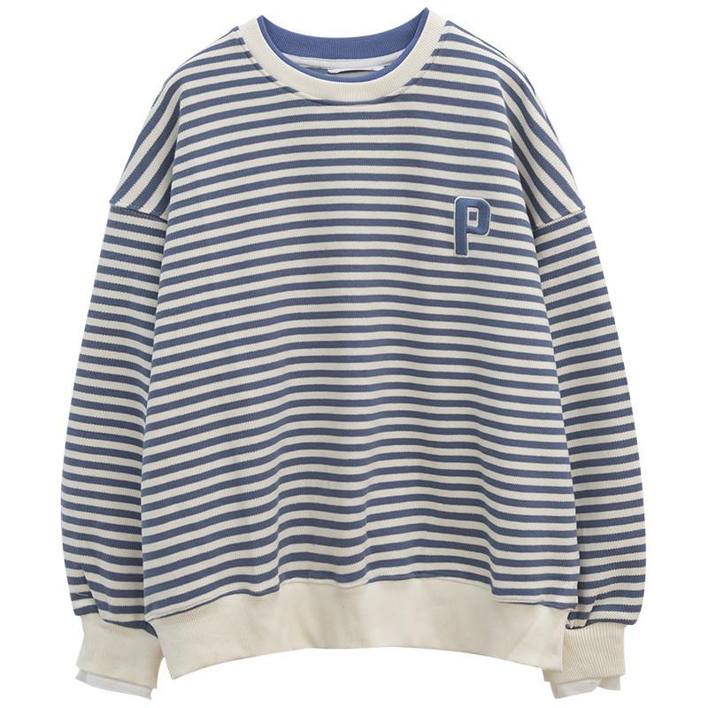 College Style Striped Sweatshirt For Women With Splicing Design And Long Sleeves
