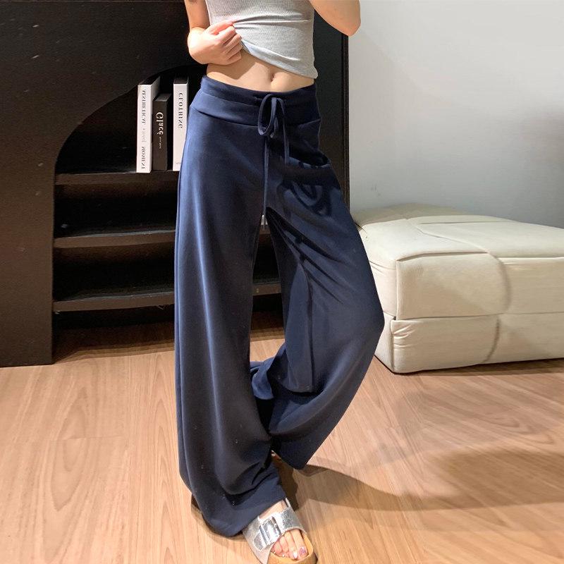 Women's Dark Blue High Waist Wide Leg Sweatpants - Summer 2025 Collection: Slimming, Petite, Straight Leg, Spring/Autumn.