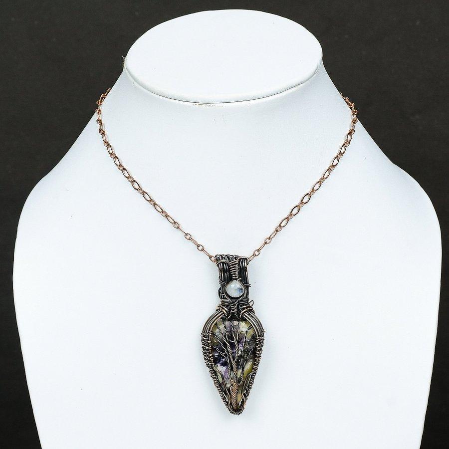 Russian Charoite, Moonstone Copper Wire Wrap Jewelry Pendant 2.76" d6A09