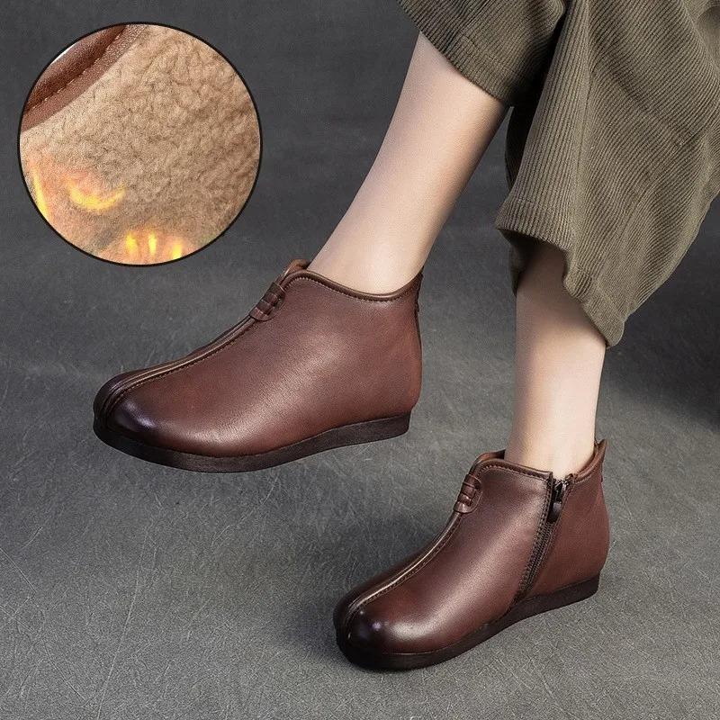 Johnature Genuine Leather Plush Warm Cotton Shoes Round Toe Flat Ankle Boots Commuting Women's Shoes