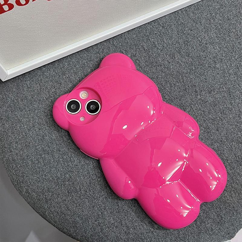 Custodia Carina Coreana 3D Cartoon Orso Rosa per iPhone 14 13 12 11 15 16 17 Pro Max Air Animale Adorabile Antiurto Morbida Cover Posteriore