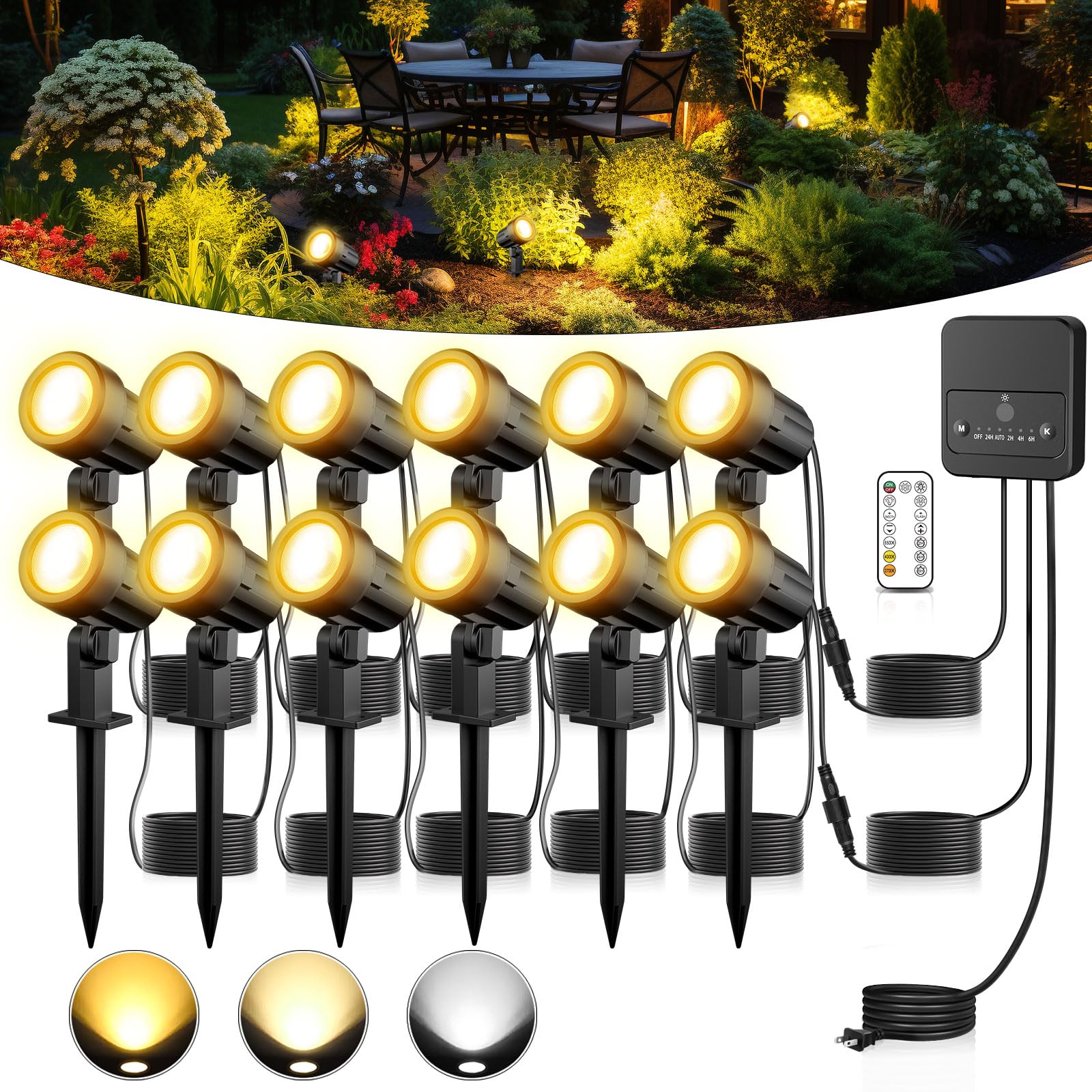 

MEIKEE Садовые прожекторы, набор из 12 штук, с пультом дистанционного управления, 2700K, 4000K, 6500K, переключение 3 цветов, 3 уровня яркости, датчик света, автоматическое включение/выключение,