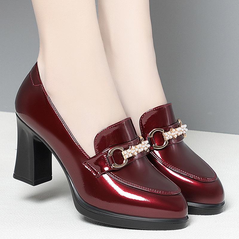 Women's Deep-Cut Pointed High Heels - 2023 Spring/Autumn, Mid-Heel Red Leather Shoes for Middle-Aged Women