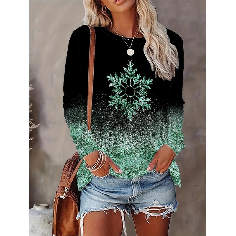 Christmas Theme Snowflake 3D Print O-Neck Long Sleeve T-Shirt Fashion Women Clothing Casual Y2k Clothes Harajuku Female Clothing