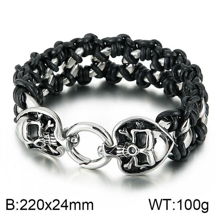 KALEN Punk Fine Jewelry Fashion Bracelets Men Stainless Steel Micro Fiber Leather Skull Links Bracelet Bangle