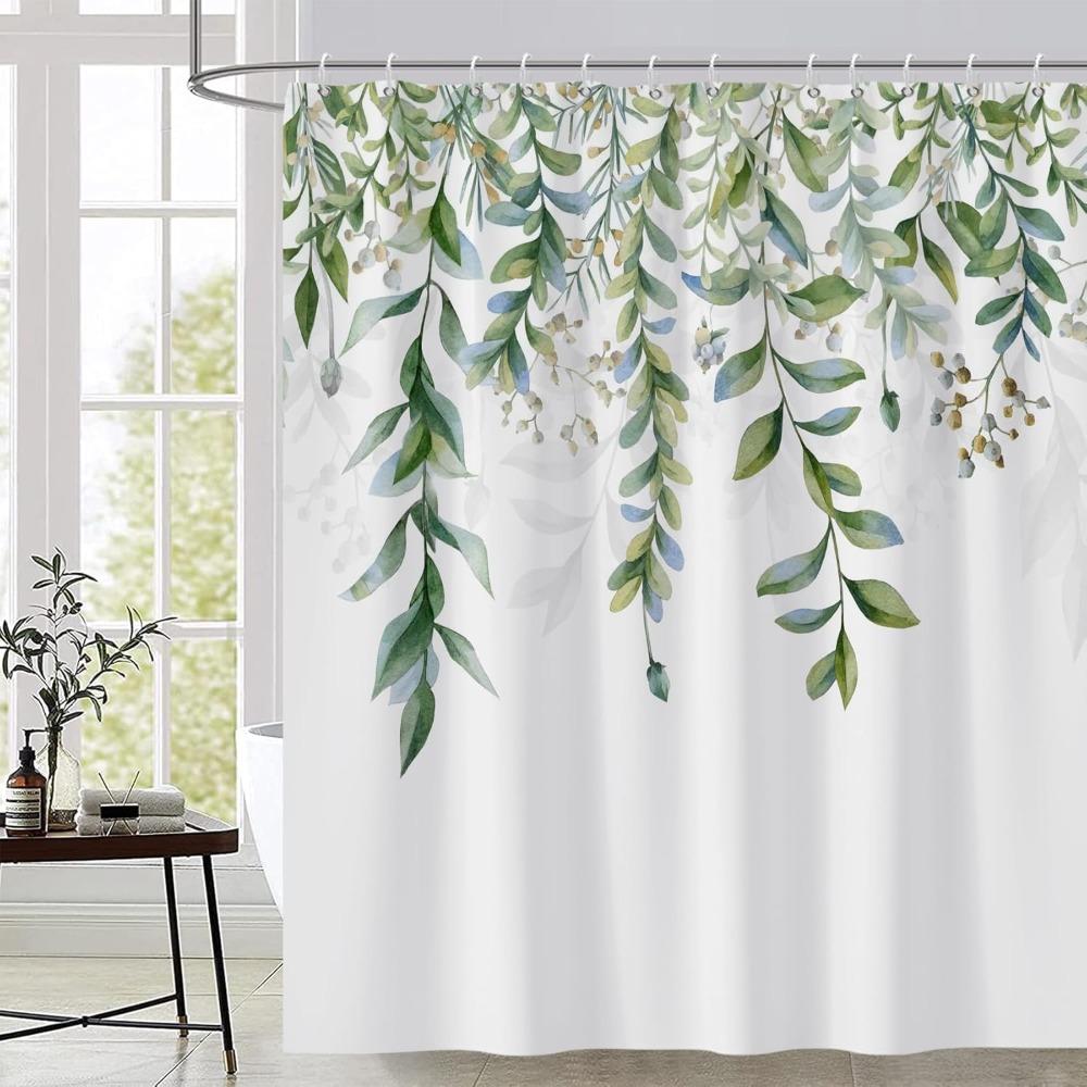 

Green Mixed Light Blue Plant Shower Curtain With 12 Hooks Decorative Sage Green Shower Curtain For Bathroom Waterproof 72X72Inch W60H190(CM)-1 Pcs