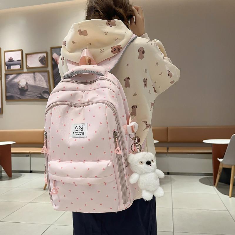 Einfacher Nylon-Rucksack mit Polka-Dots, niedliches Design, lässiger Schülerrucksack mit großem Fassungsvermögen und mehreren Fächern, geeignet für den täglichen Gebrauch und die Schule.