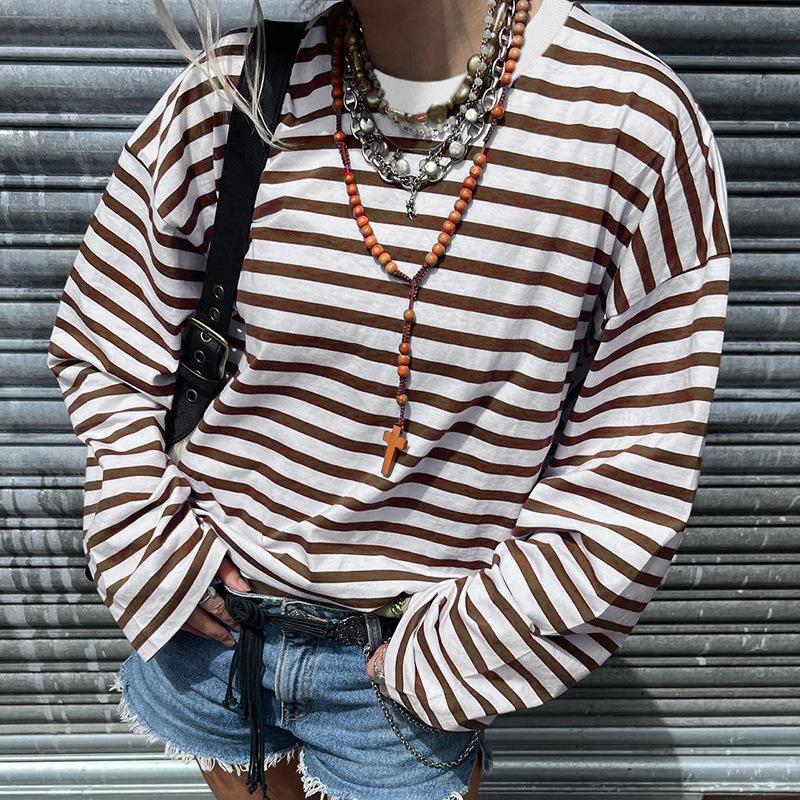 Striped T-shirt Women's Loose Round Neck Long Sleeved Top Retro Contrasting Color Basic Style Thin Commuting 2025 Spring/Summer