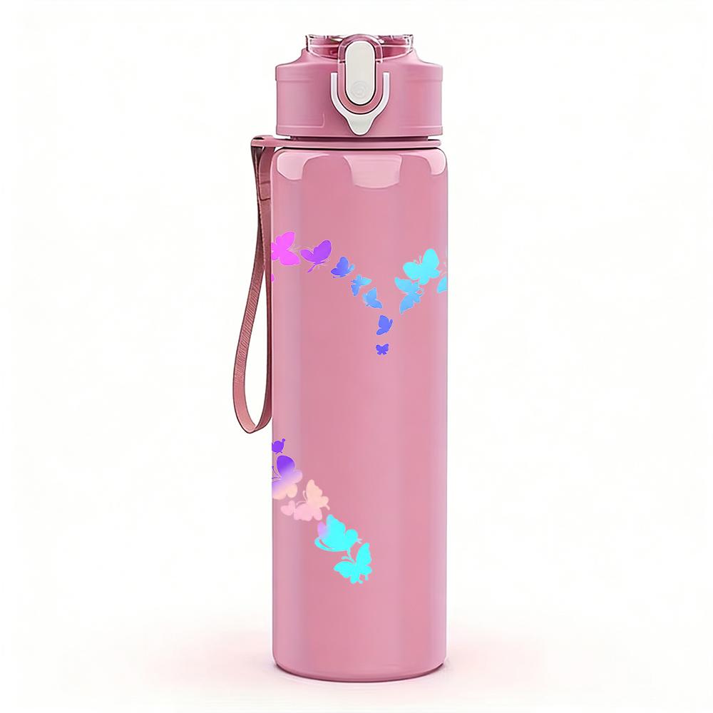 1PC Gradient Iridescent Hollow Heart Graphic,750ml Color Plastic Sports Water Bottle,Leakproof Flip Straw Lid,Suitable for Sports Office Home Use