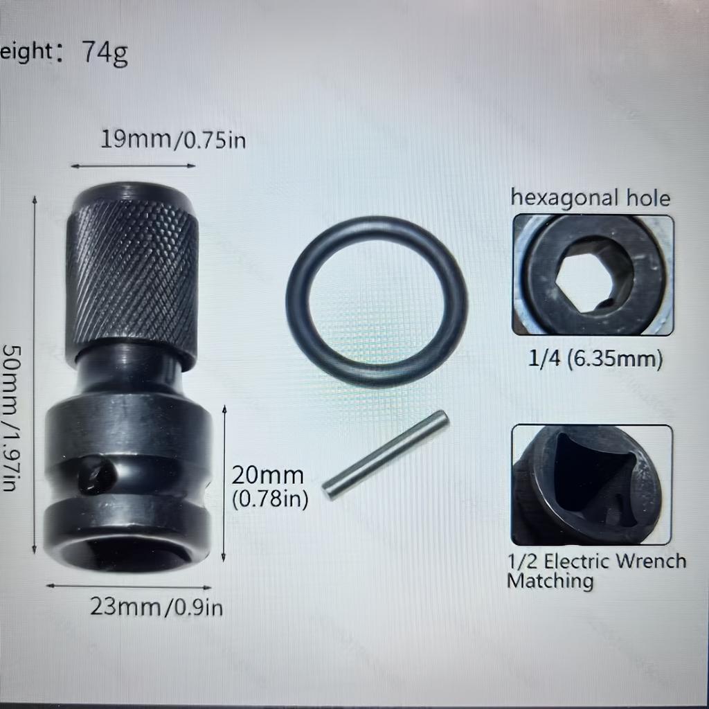 3pc Quick-Release Power Wrench Adapter Set – 1/2" to 1/4" Hex, Heavy-Duty Steel, O-Ring & Pin, for Auto/Metal/Construction