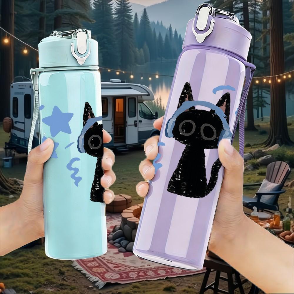 1PC Black Cat Guitar Music Star Print 750ml Color Plastic Sports Water Bottle Leakproof Flip Straw Lid Suitable for Sports Office Home Use