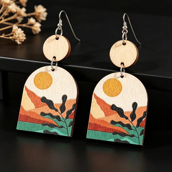 Sunset Spliced Round Wood Earrings