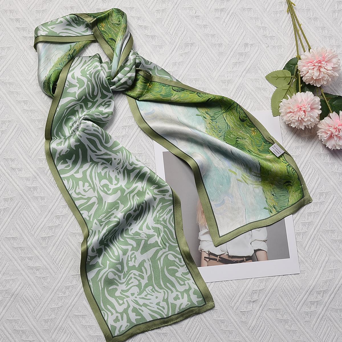 Autumn and winter 100% mulberry silk silk scarf fresh oil painting green double-sided silk scarf long scarf scarf 145*15CM
