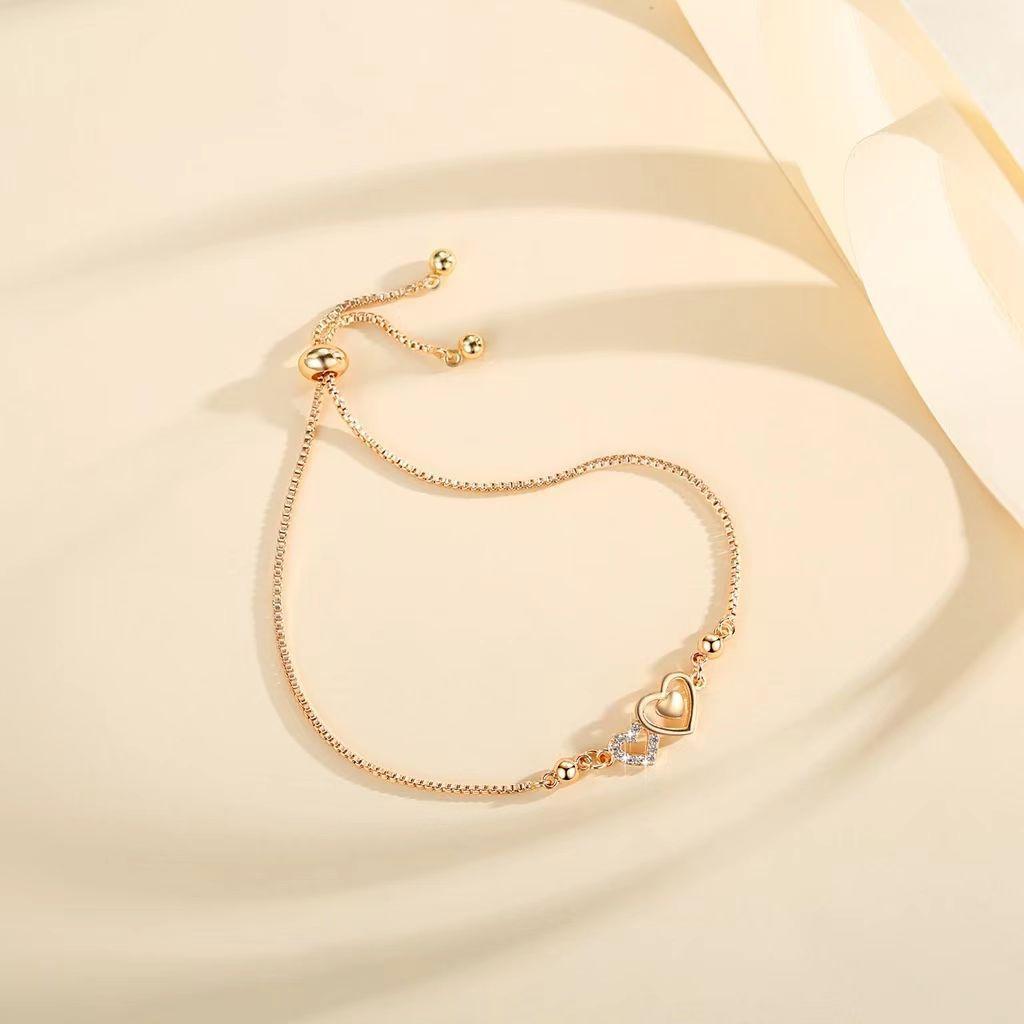 Fashion Design Double Heart Shape Diamond Zircon Bracelet Exquisite Chain Push-pull Jewelry for Women To Wear