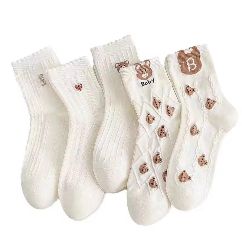 5/10 Pairs Women Round Neck Socks High Quality Autumn Winter Cute Cartoon Breathable Fashion Socks Women Soft Medium Tube Aocks